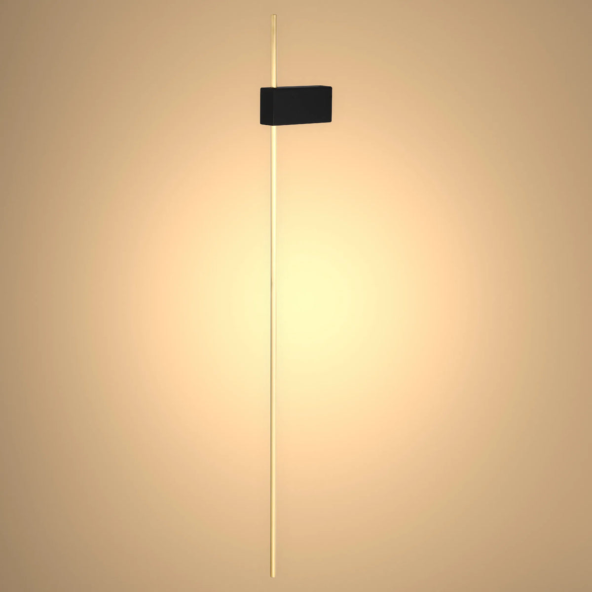 Contemporary wall light featuring a sleek golden rod and black rectangular fixture. Warm, inviting glow creates a modern ambience.