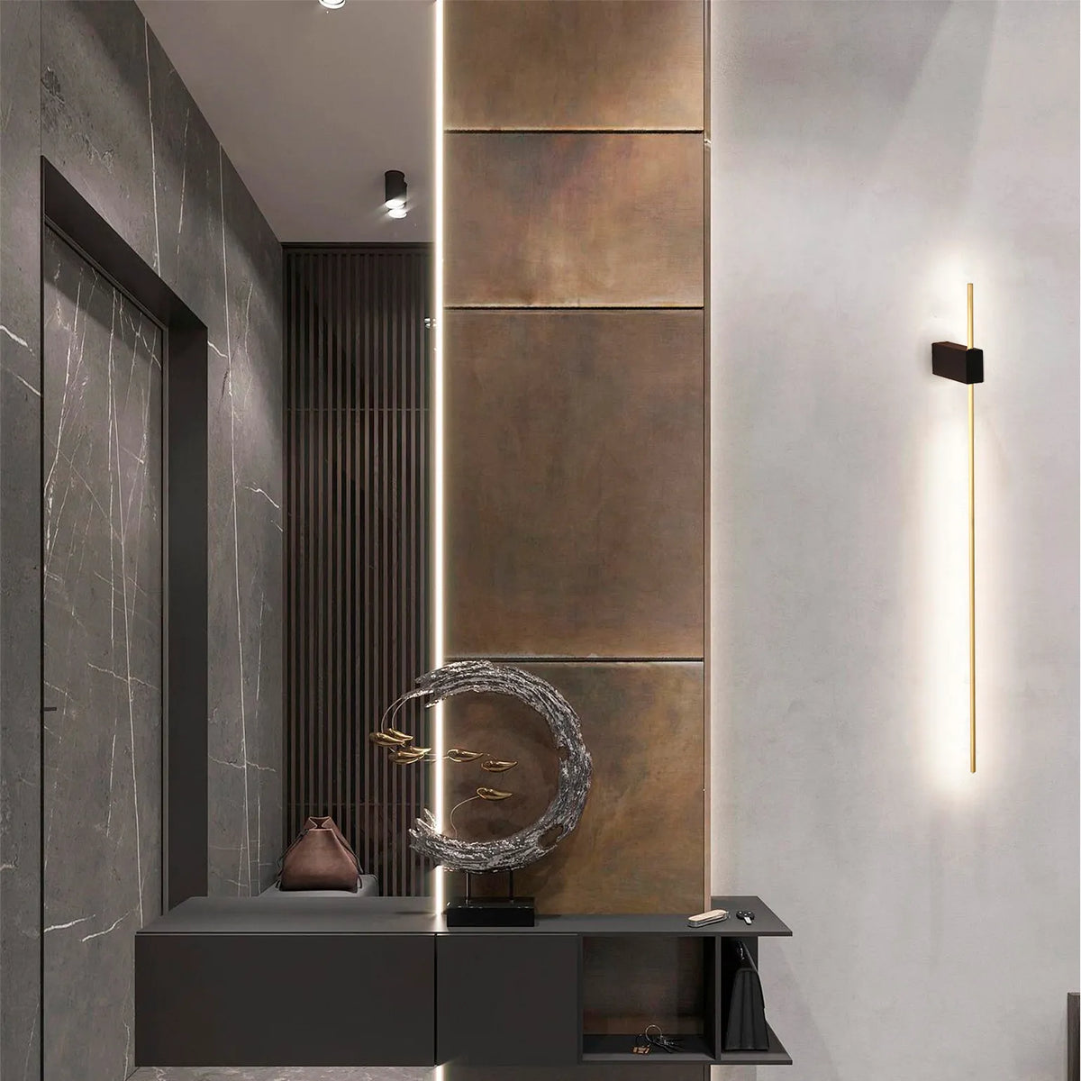 Sleek hallway lighting: linear wall light and integrated strip light, showcasing modern interior design and ambient glow.