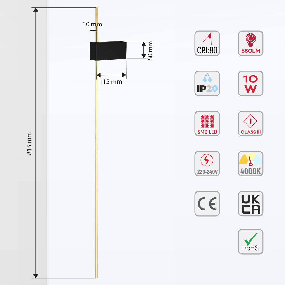 Technical diagram of a slim wall light, with dimensions and technical specifications like 650LM, 4000K and ROHS approval.