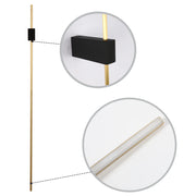 Gold stick LED wall light with rectangular base, and diffused light at the bottom. Modern and minimalist design.