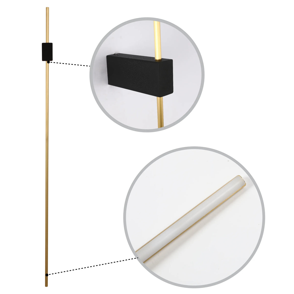 Gold stick LED wall light with rectangular base, and diffused light at the bottom. Modern and minimalist design.