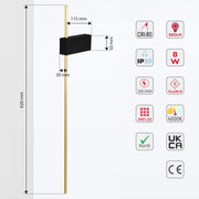 Contemporary wall light displaying dimensions & features: 550LM, 8W, 4000K, SMD LED, IP20, CRI:80. Dimensions shown in mm.