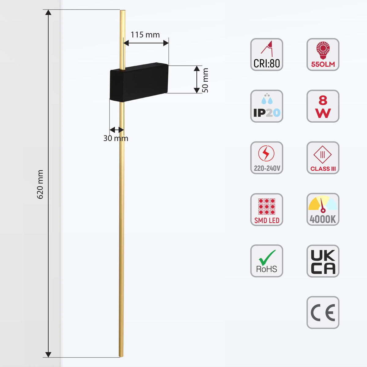 Contemporary wall light displaying dimensions & features: 550LM, 8W, 4000K, SMD LED, IP20, CRI:80. Dimensions shown in mm.