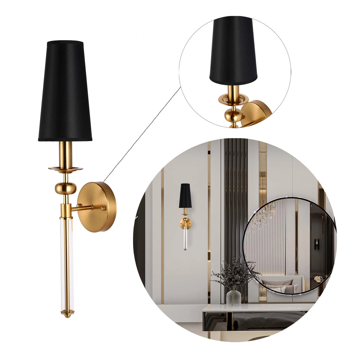A gold and black wall sconce light fixture with a cylindrical shade, creating a warm and modern ambience.