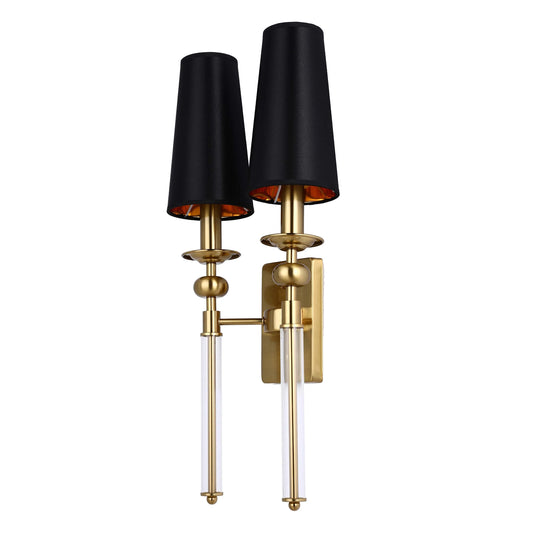 A sophisticated two-light wall sconce in gold finish with striking black shades and clear glass accents for a touch of elegance.