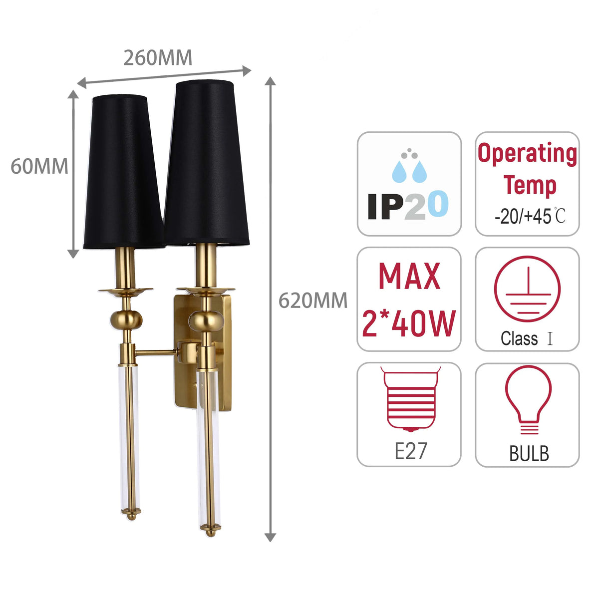 A gold twin wall light with black shades & clear crystal-effect detail. Product info re: dimensions, wattage & temperature displayed.