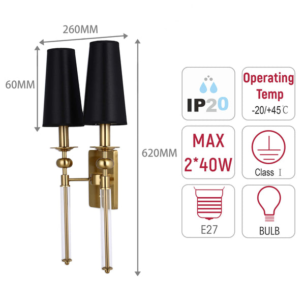 A gold twin wall light with black shades & clear crystal-effect detail. Product info re: dimensions, wattage & temperature displayed.