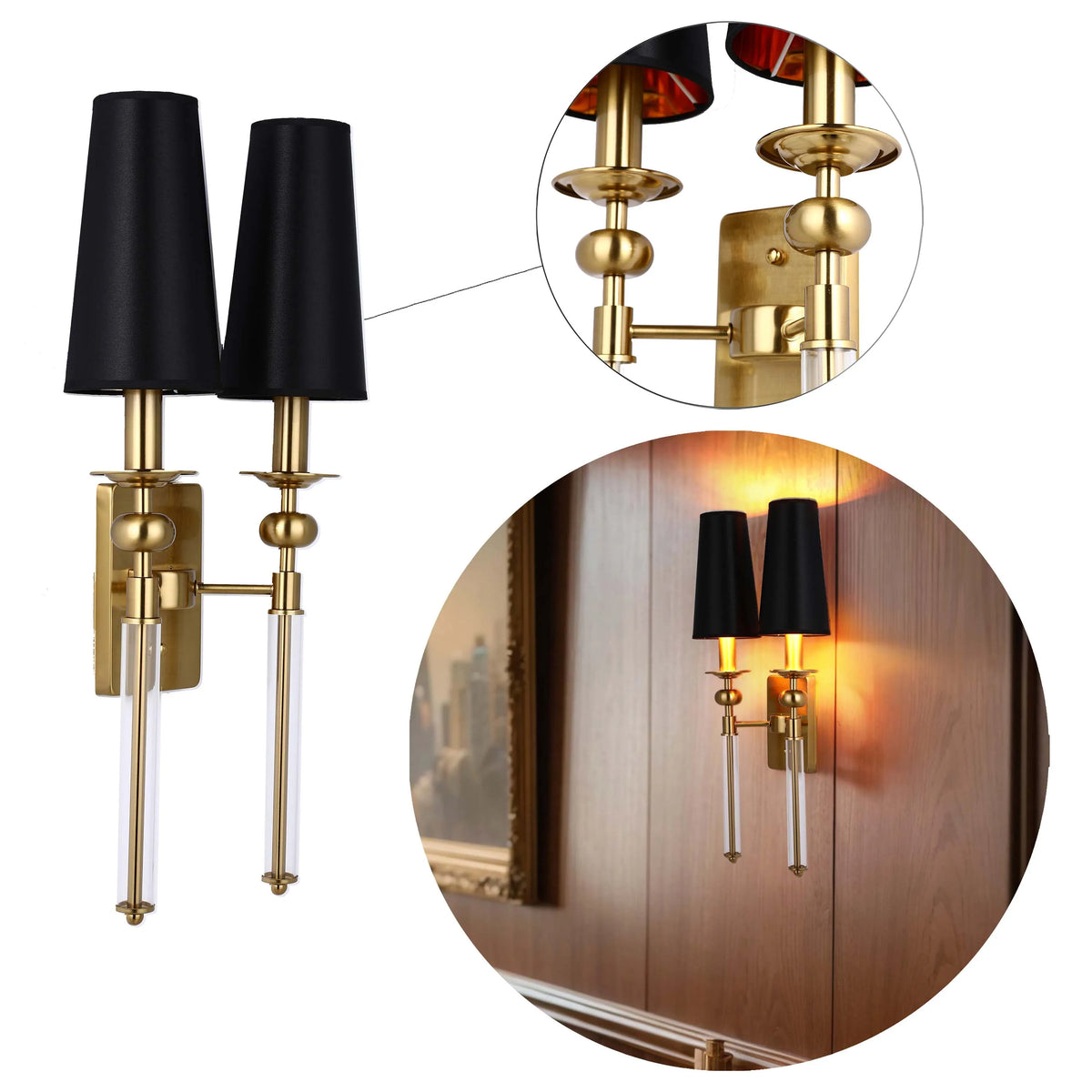 Stylish wall sconce with black shades and crystal accents, offering a touch of modern elegance.