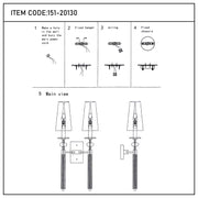 Diagram showing the steps to assemble a wall-mounted sconce. Item code: 151-20130.