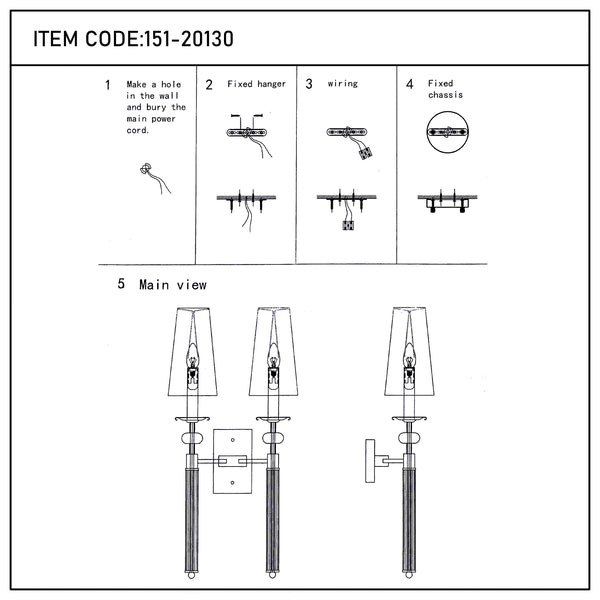 Diagram showing the steps to assemble a wall-mounted sconce. Item code: 151-20130.