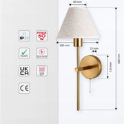 A gold coloured wall light with a neutral lampshade. Dimensions are marked in millimetres.