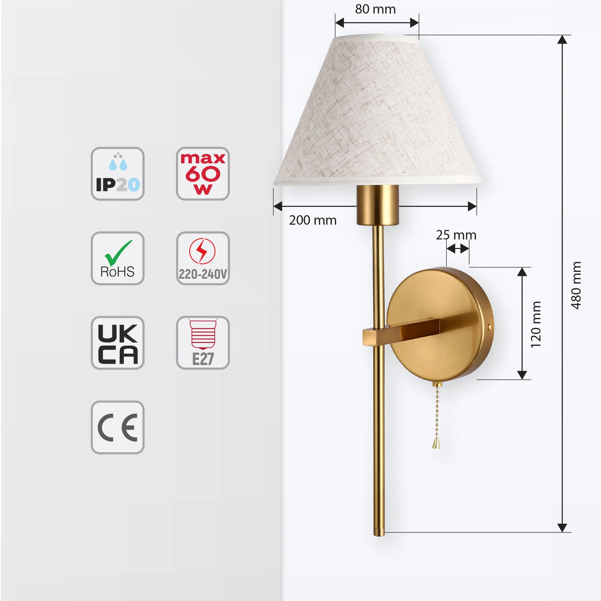 A gold coloured wall light with a neutral lampshade. Dimensions are marked in millimetres.