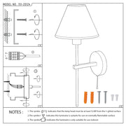 Line art diagram showing the assembly of a wall mounted lamp. It includes installation steps and safety notes for indoor use.