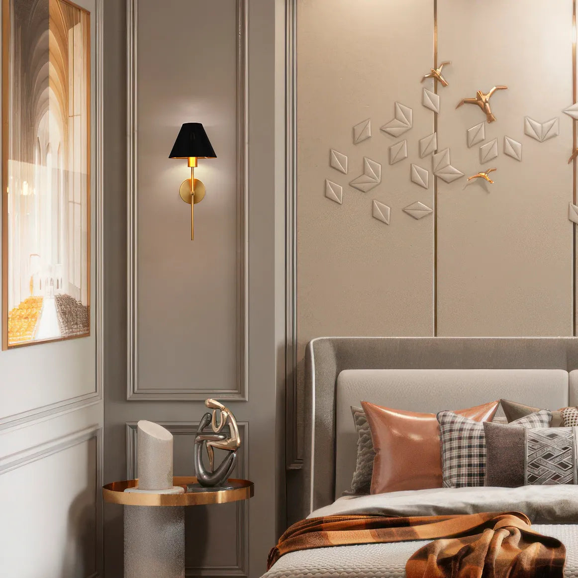 Elegant bedroom wall lighting: a sleek black and gold sconce adding a touch of modern sophistication to the stylish bedroom decor.