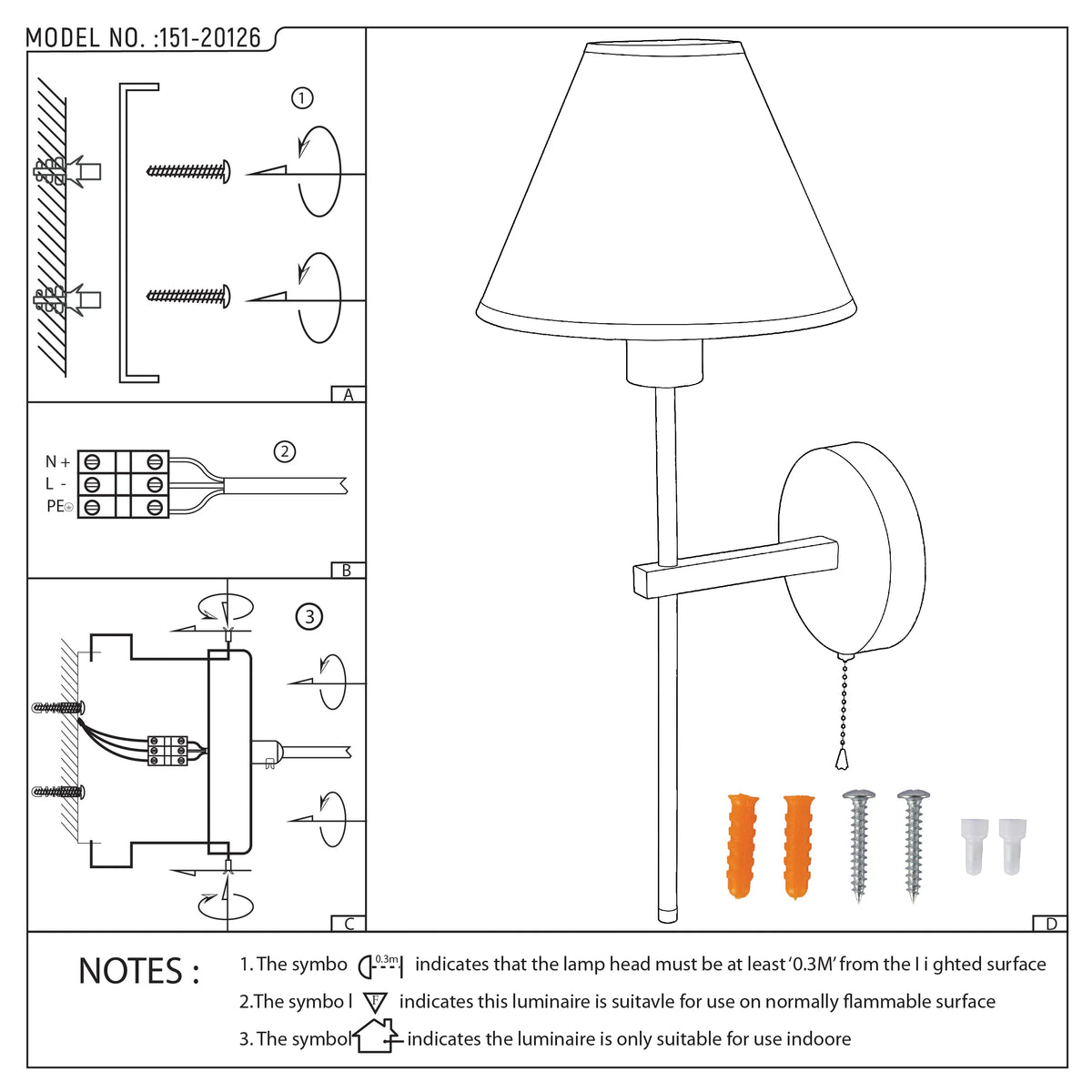 A line drawing depicts the components and steps required to install a wall mounted sconce. Installation diagram with components.