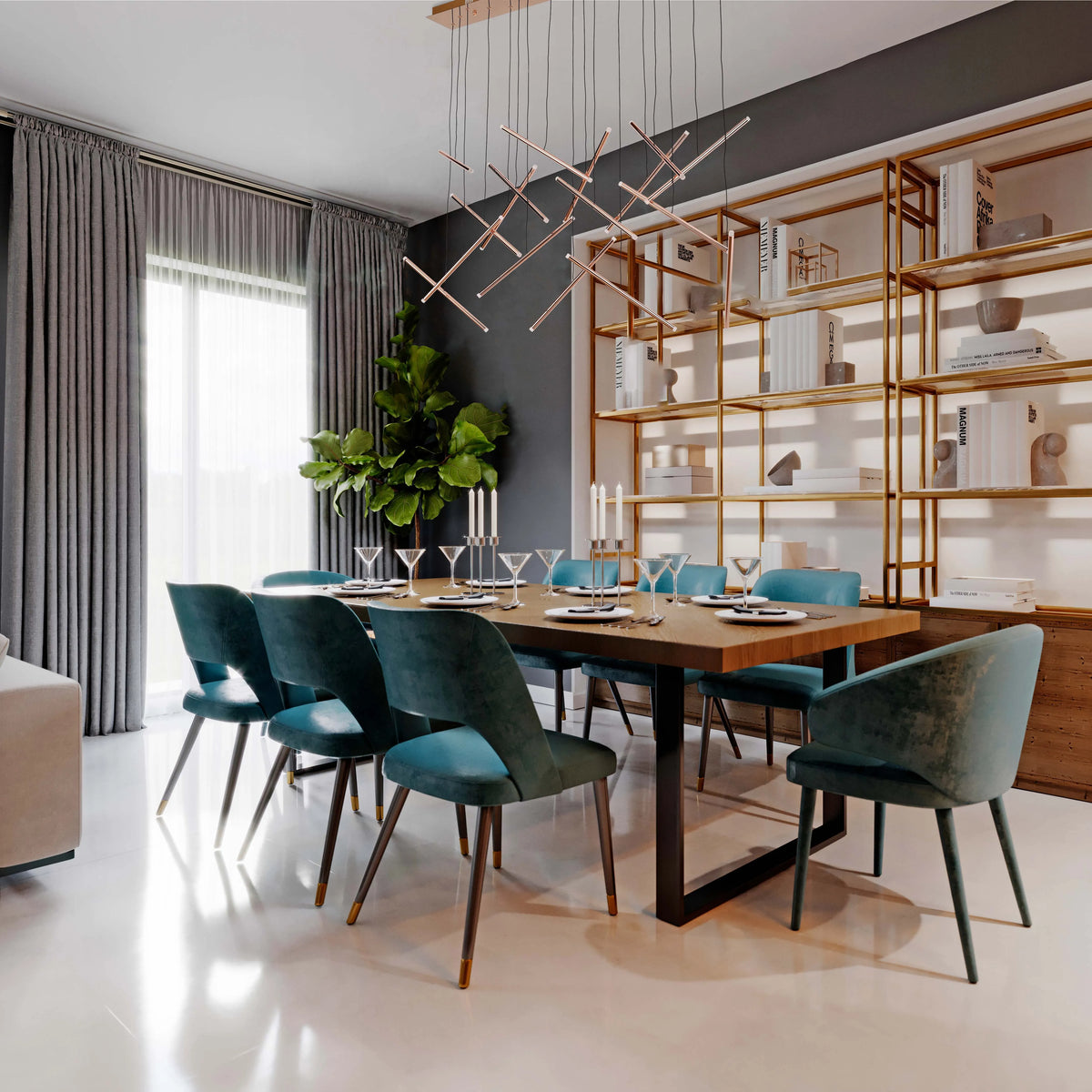 Modern dining room with a linear, abstract chandelier in a copper finish, providing ambient illumination.