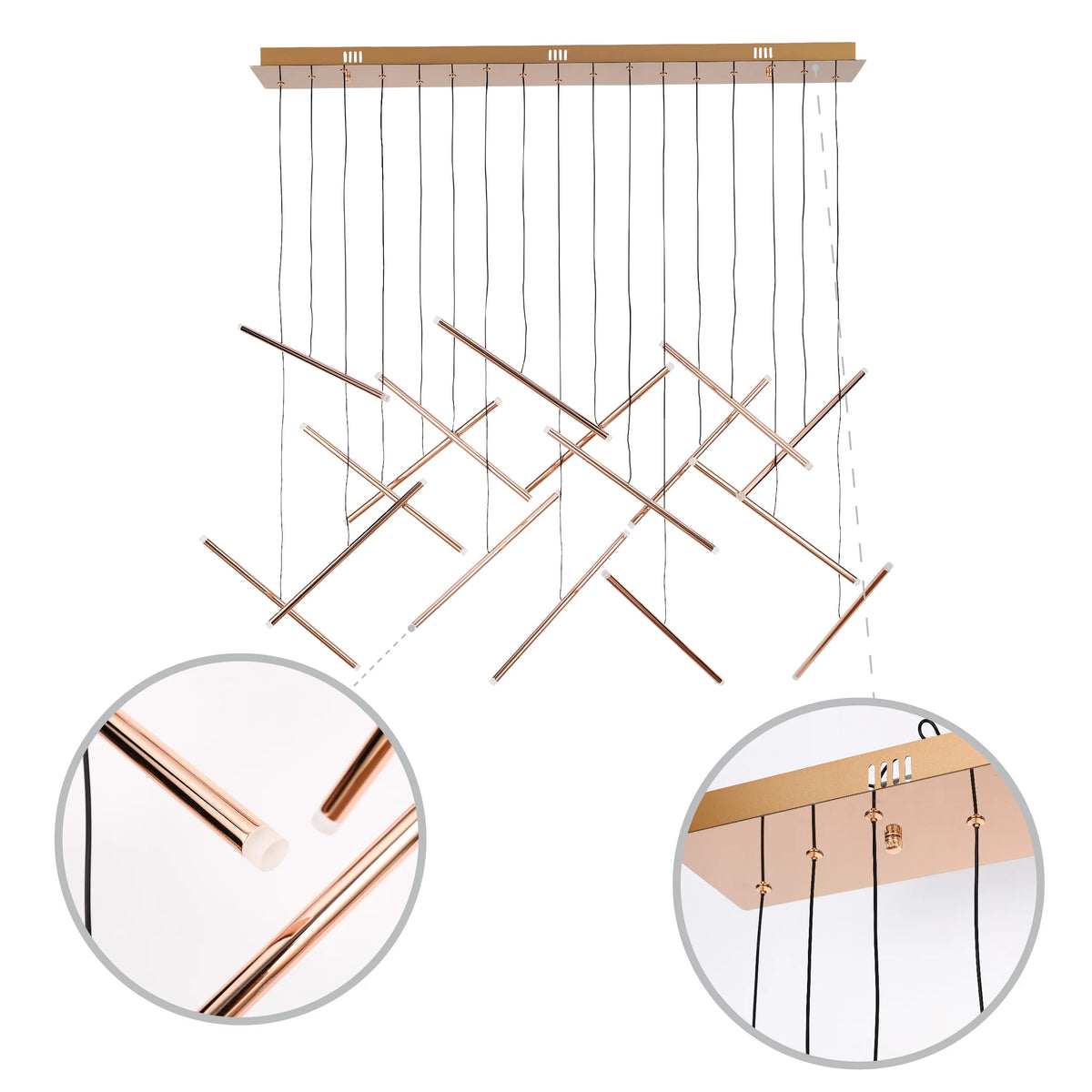 A contemporary pendant light featuring copper tubes suspended from a rectangular golden base with black cords.