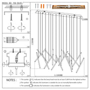 Modern pendant light fixture with geometric rod design, suspended from a long, rectangular canopy. Technical diagram with dimensions.