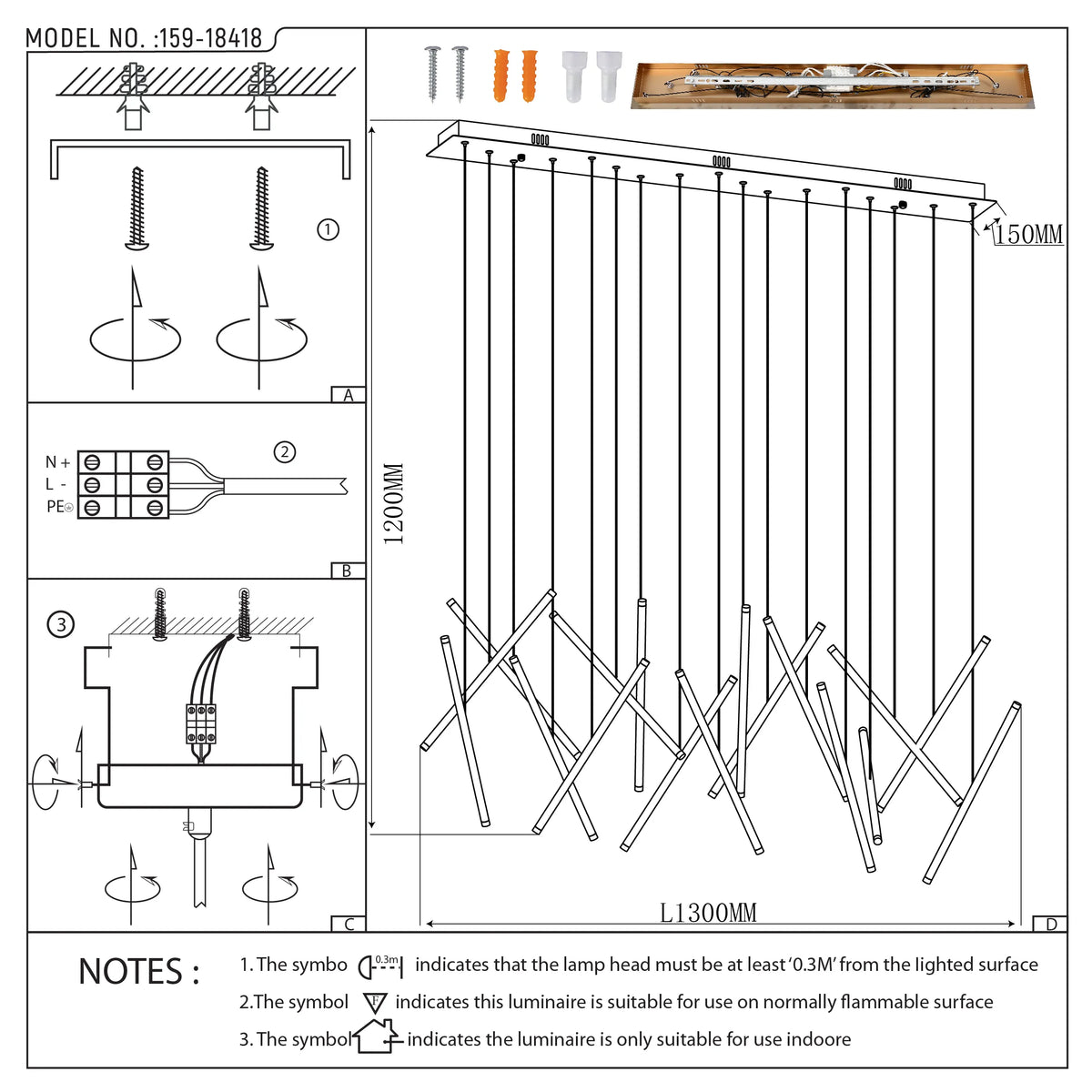 Modern pendant light fixture with geometric rod design, suspended from a long, rectangular canopy. Technical diagram with dimensions.