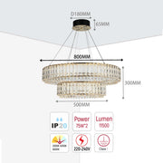 A two-tiered crystal chandelier with a gold frame, featuring product specifications, including dimensions and technical details.