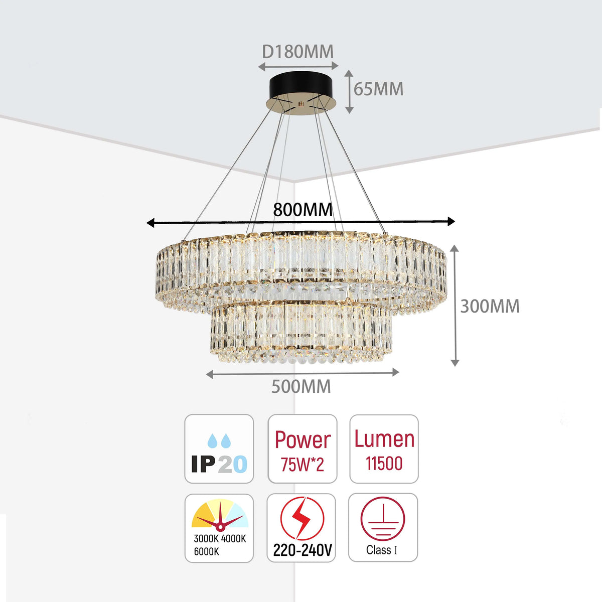A two-tiered crystal chandelier with a gold frame, featuring product specifications, including dimensions and technical details.