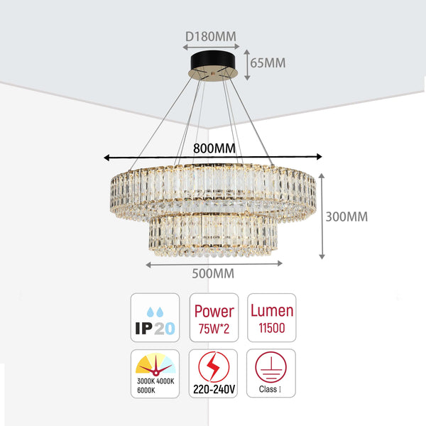A two-tiered crystal chandelier with a gold frame, featuring product specifications, including dimensions and technical details.