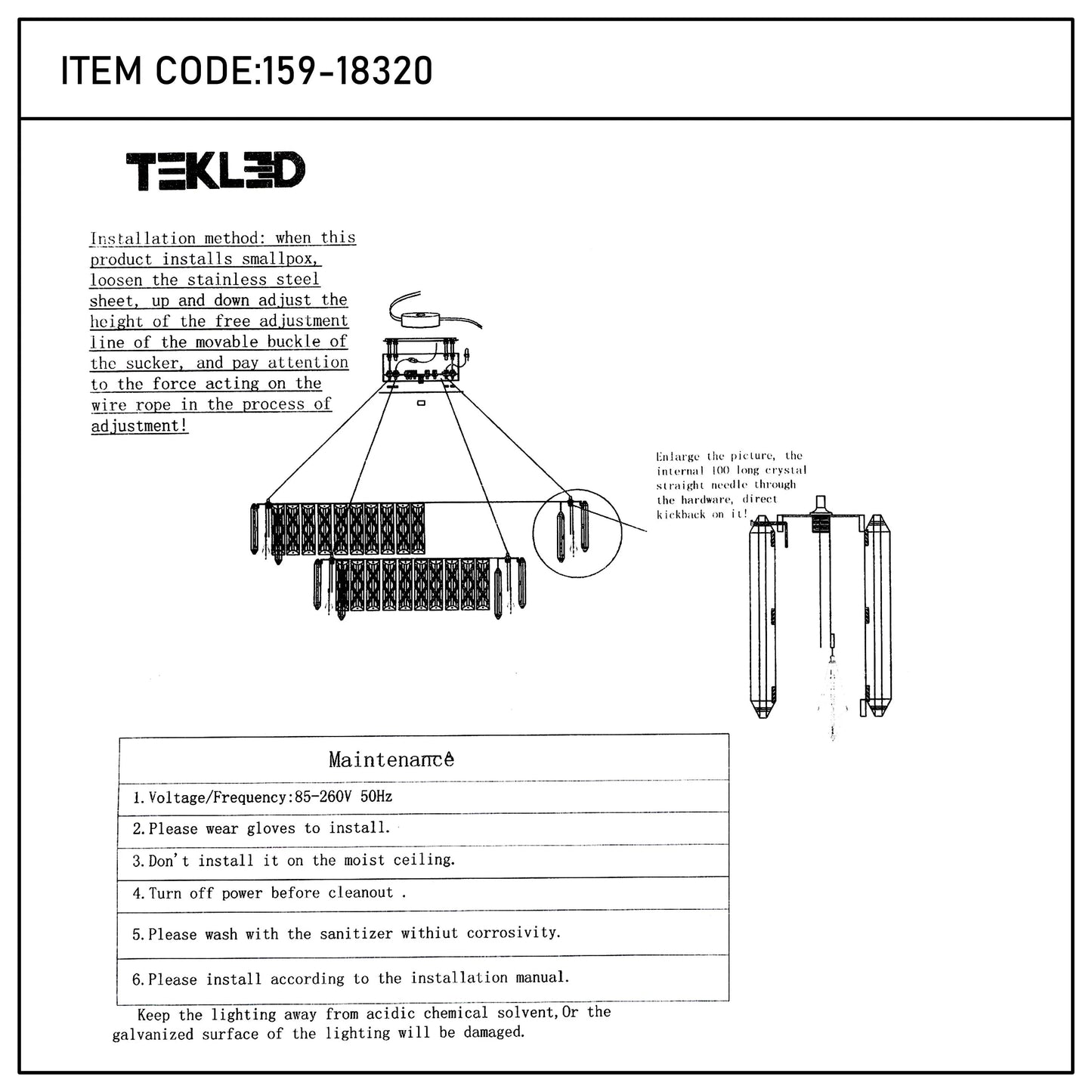 A decorative ceiling light fitting with multiple dangling crystal effect prisms, installation and maintainence instructions are visible.