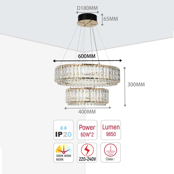 A two tier crystal chandelier with a gold frame and chrome suspension wires. Dimensions are shown.
