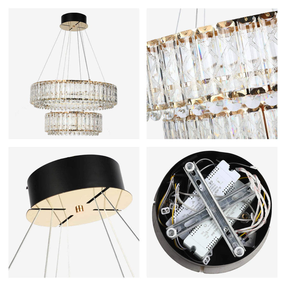 A two-tiered crystal chandelier with a modern design, showcasing its intricate details and internal wiring.
