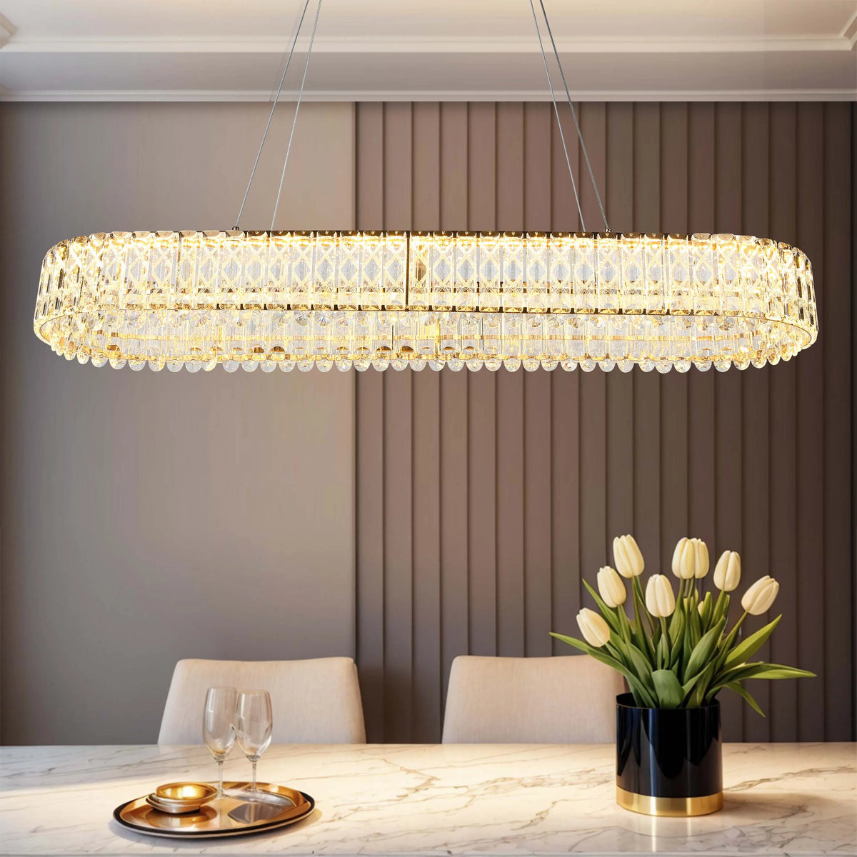 An opulent crystal chandelier illuminates a dining table, offering a warm, inviting glow. Perfect for adding elegance to any dining space.