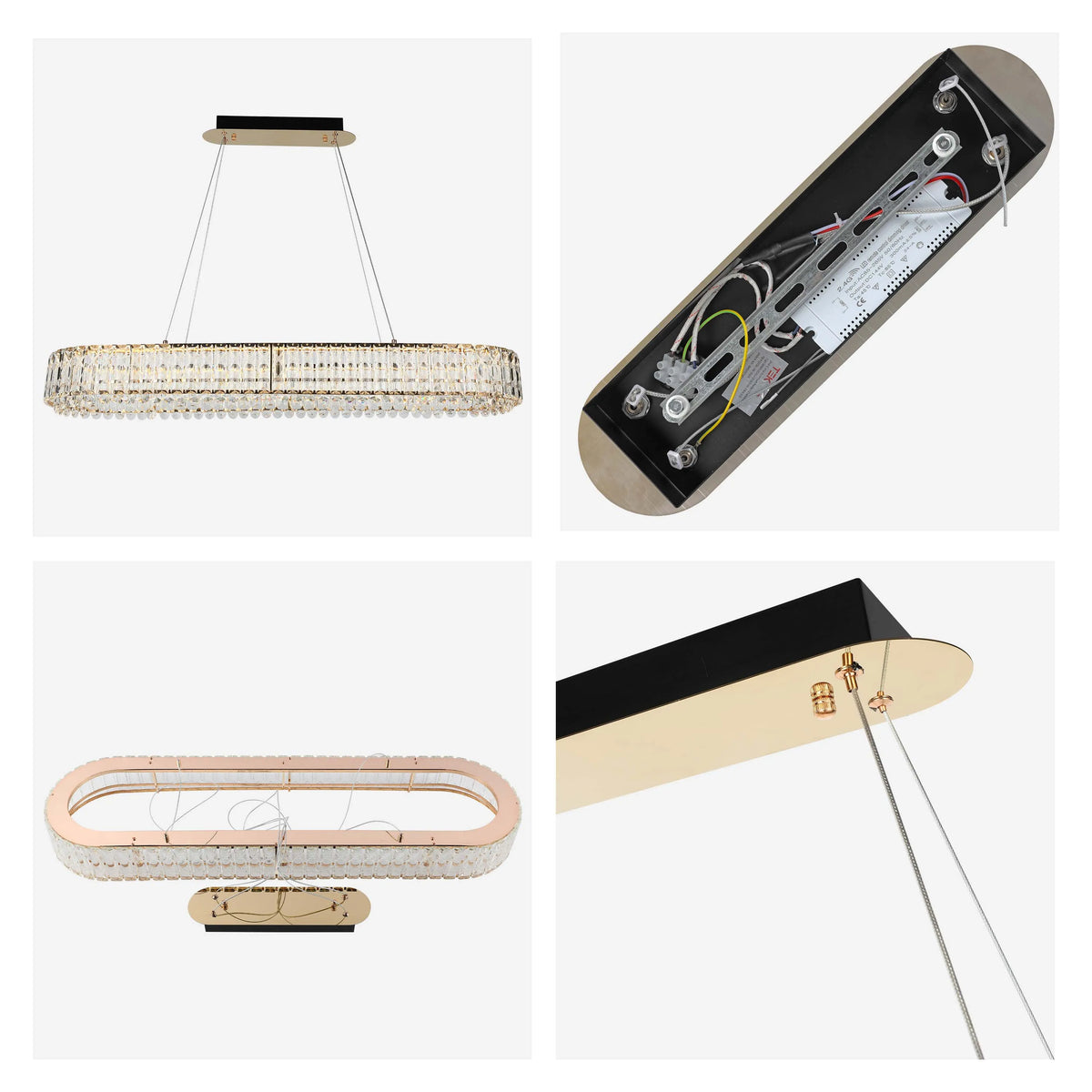 A stylish, modern crystal chandelier with a sleek, oval design. A perfect statement piece for contemporary spaces.