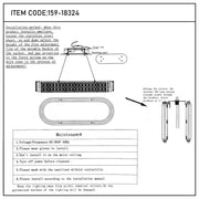 Technical illustration of a contemporary chandelier, showing installation & maintenance advice. Item code: 159-18324.
