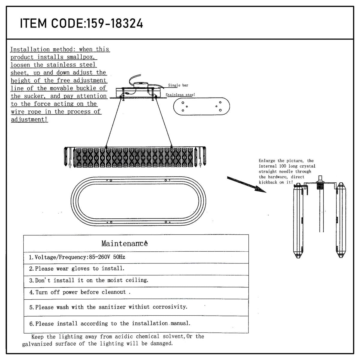 Technical illustration of a contemporary chandelier, showing installation & maintenance advice. Item code: 159-18324.