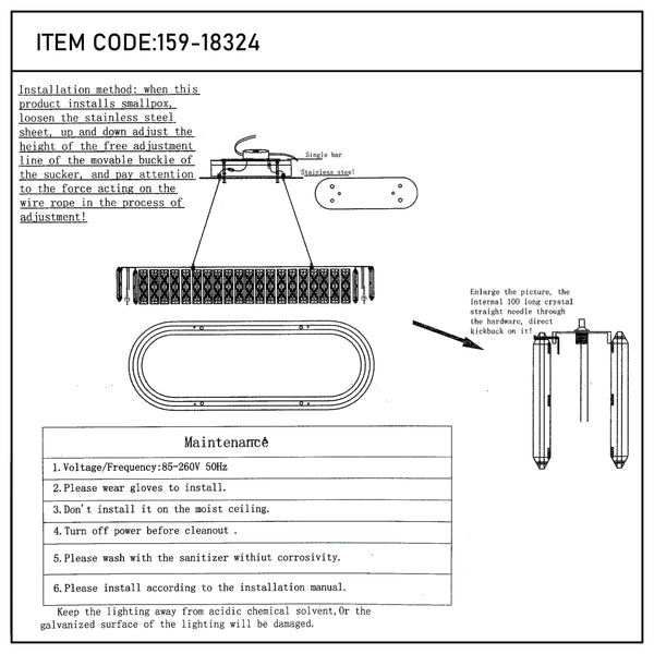 Technical illustration of a contemporary chandelier, showing installation & maintenance advice. Item code: 159-18324.