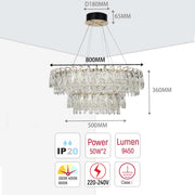 A dazzling crystal chandelier with technical specifications, perfect for adding elegance and ample light to any space.