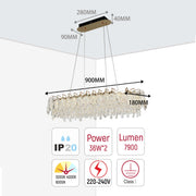 A glamorous crystal chandelier with dimensions labelled. It has a rectangular shape and is suspended from the ceiling.