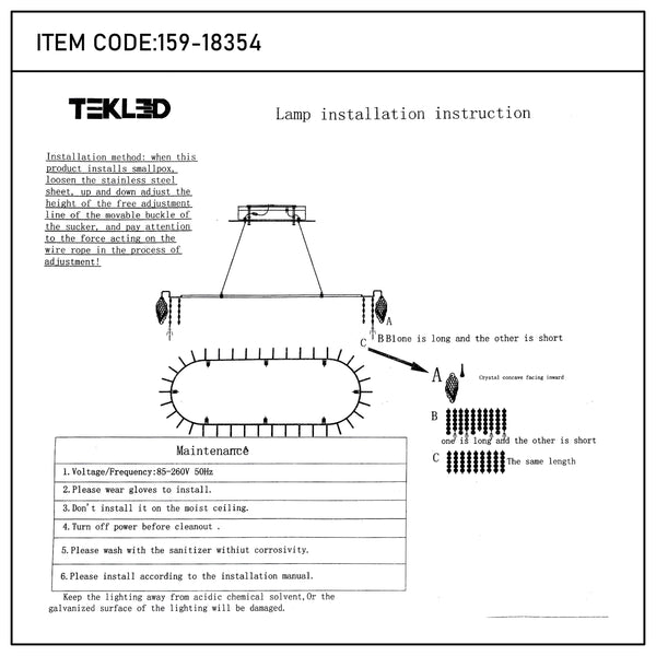 Lamp installation guide showing component assembly. Includes voltage & frequency info, and maintenance instructions.