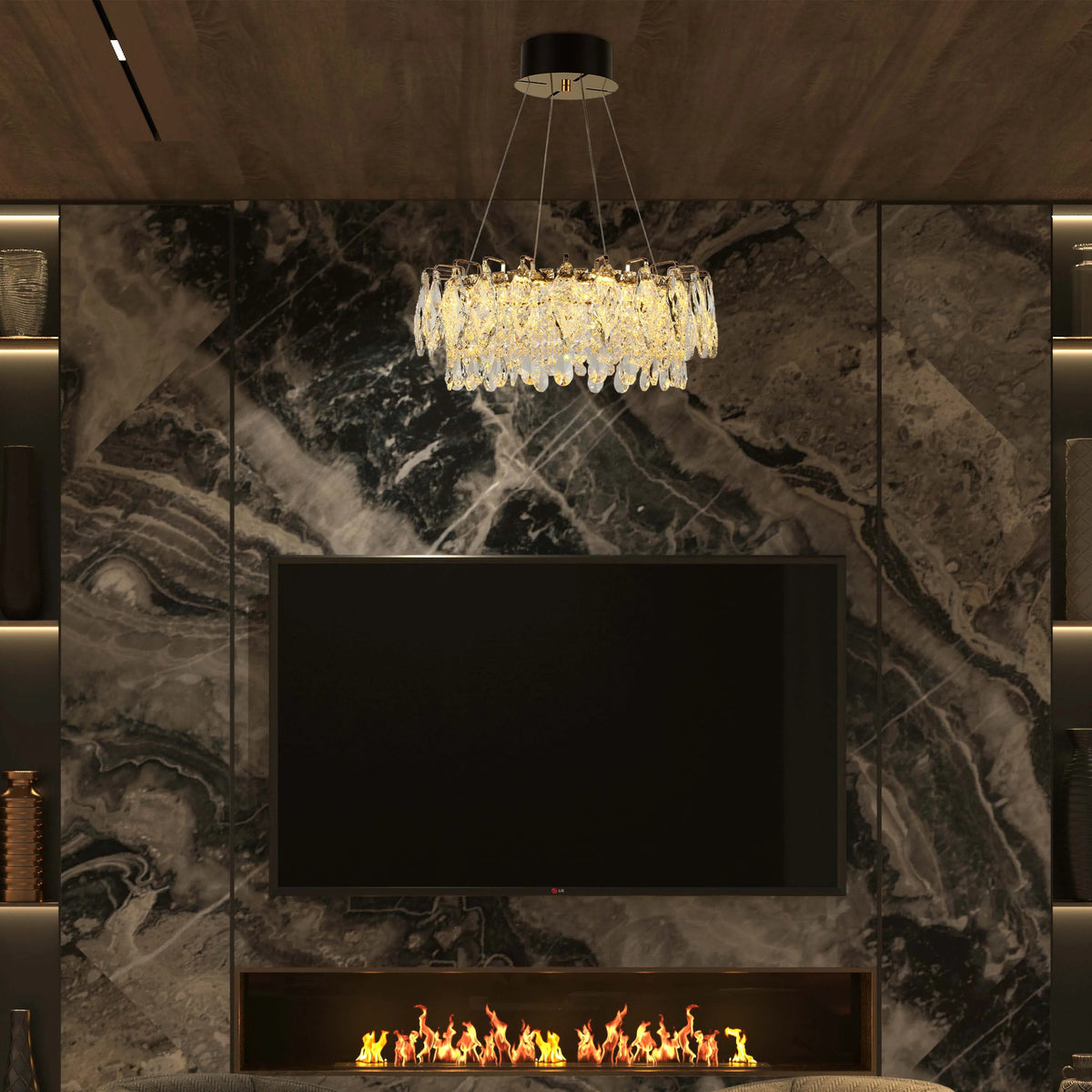 Opulent crystal chandelier hangs above a modern fireplace. Integrated shelf lighting highlights decorative vases.
