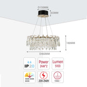 A statement chandelier with crystal details. Dimensions: D460mm x H180mm. Requires 24W*2 power, outputs 5100 Lumens, and is IP20 rated.