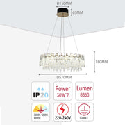 A stylish pendant light with crystal embellishments. Specifications include D570mm, IP20, 30W*2, and 6650 Lumens.