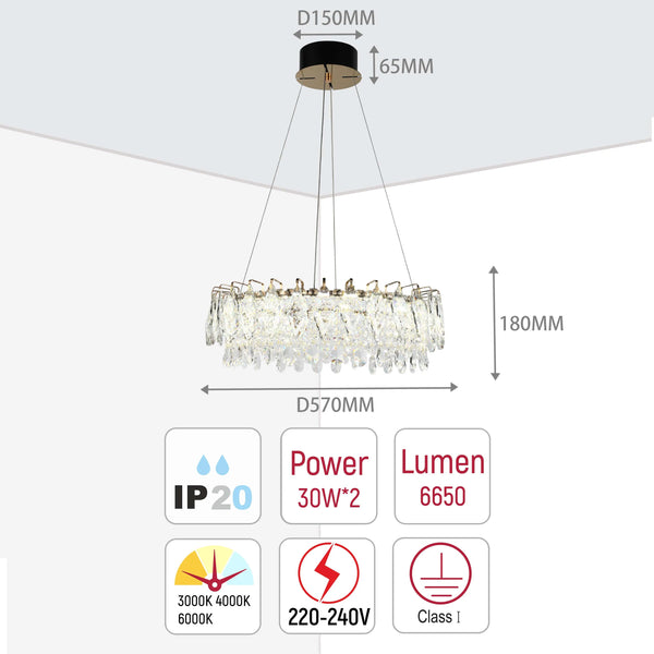 A stylish pendant light with crystal embellishments. Specifications include D570mm, IP20, 30W*2, and 6650 Lumens.