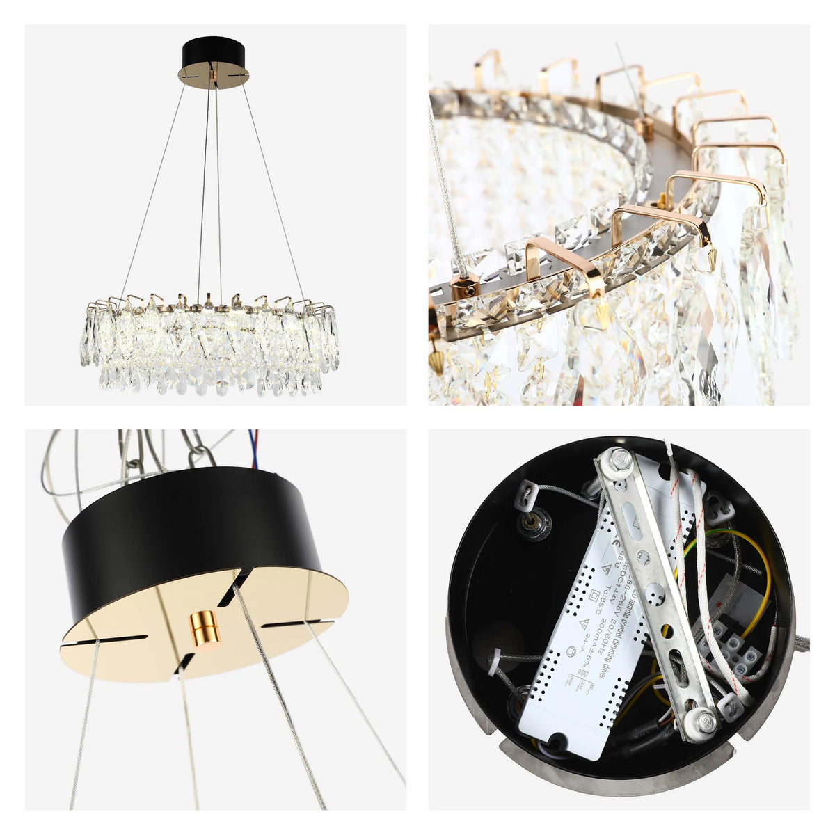 A stunning crystal chandelier, circular in shape with gold accents, showcasing intricate details and elegant design.