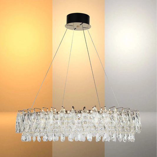 An elegant crystal chandelier with adjustable brightness settings. Provides warm to cool white illumination.