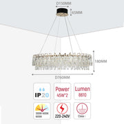 A round crystal chandelier with silver fittings and a black ceiling rose, showcasing its dimensions and technical specifications.