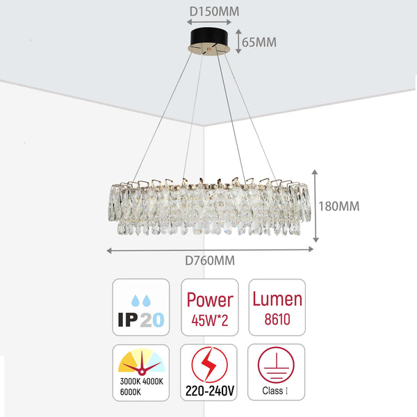 A round crystal chandelier with silver fittings and a black ceiling rose, showcasing its dimensions and technical specifications.