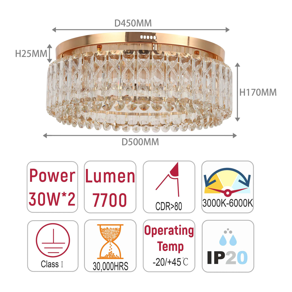 Gold-toned, crystal chandelier with product specifications in millimetres, watts, lumens and colour temperature.