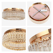 Gold finish chandelier style ceiling light with cascading crystal droplets. A glamourous lighting statement for the modern home.