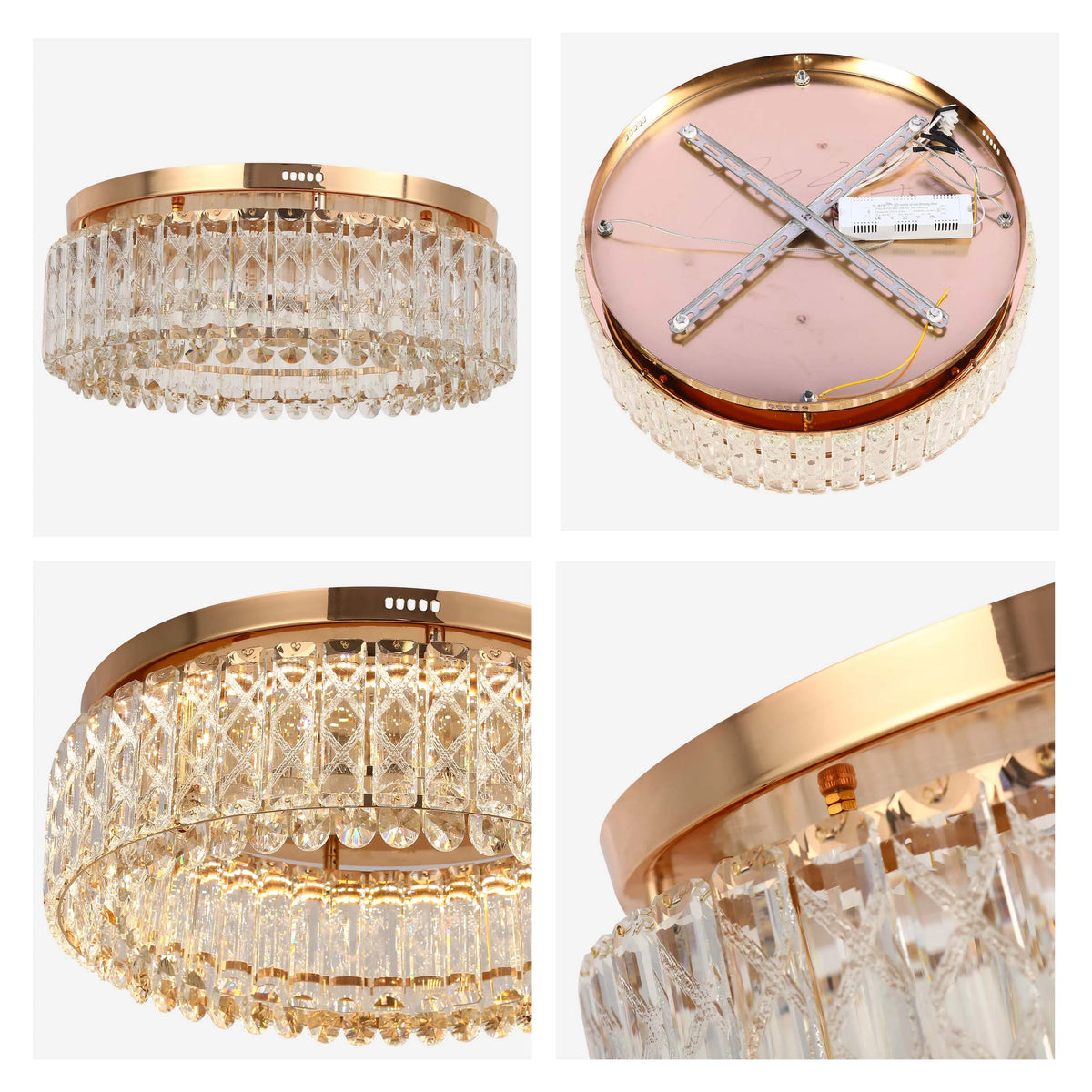 Gold finish chandelier style ceiling light with cascading crystal droplets. A glamourous lighting statement for the modern home.