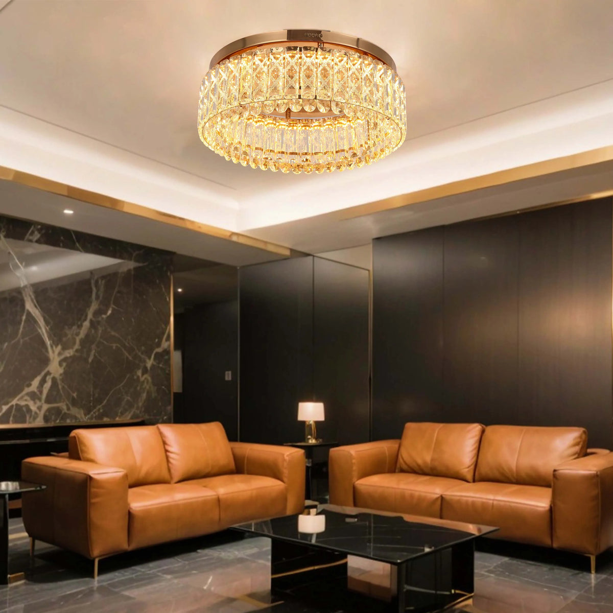 A lavish, modern ceiling light fixture emitting a warm glow over a stylish living room. Statement lighting adds a touch of luxury.