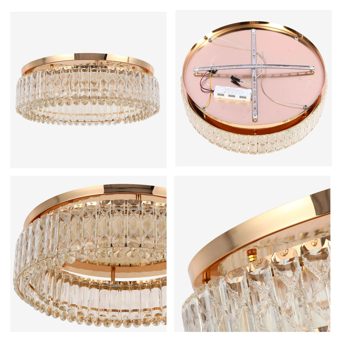 A gold, circular crystal light fixture, offering an elegant, modern touch to any space.